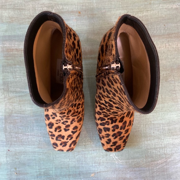 JIMMY CHOO MIRREN CARAMEL LEOPARD PRINT CALF HAIR LEATHER ANKLE BOOTS, SIZE 7.5 - Picture 3 of 11
